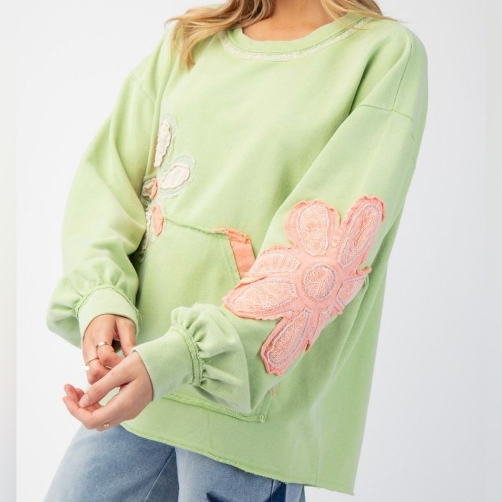 Washed Flower Patch Terry Knit Pullover NWT - image 1